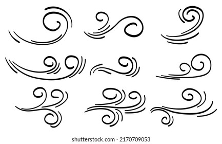 doodle wind blow, gust design isolated on white background. vector hand drawn illustration