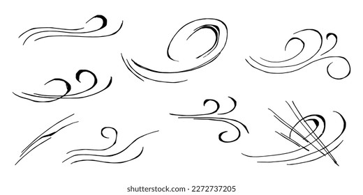 Doodle wind blow, gust design isolated on white background. vector hand drawn illustration