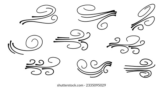 Doodle wind blow, gust design isolated on white background. vector hand drawn illustration