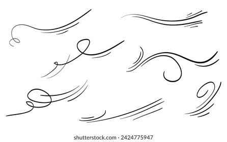 Doodle wind blow, gust design isolated on white background. vector hand drawn illustration