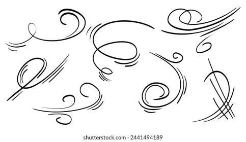 Doodle wind blow, gust design isolated on white background. vector hand drawn illustration