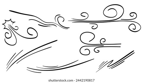 Doodle wind blow, gust design isolated on white background. vector hand drawn illustration