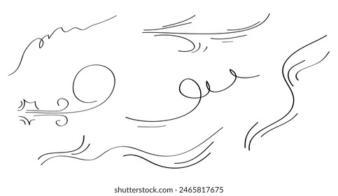 Doodle wind blow, gust design isolated on white background. vector hand drawn illustration