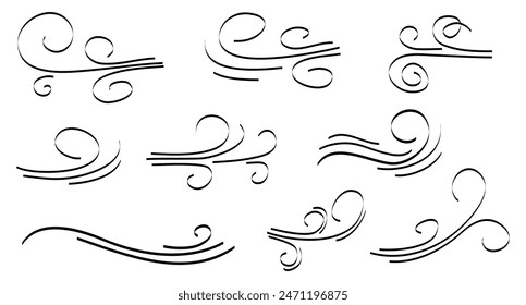 Doodle wind blow, gust design isolated on white background. vector hand drawn illustration