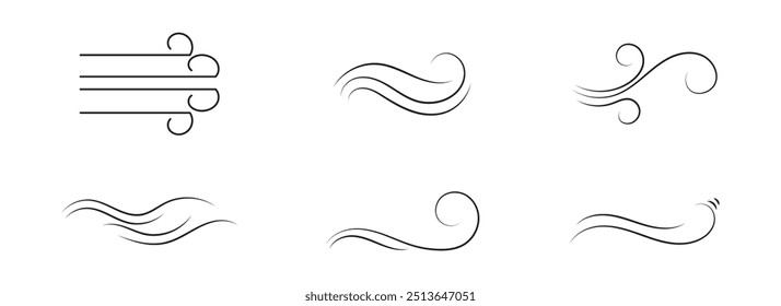 Doodle soplo de viento, diseño de ráfaga aislado sobre fondo blanco. ilustración dibujada a mano de Vector