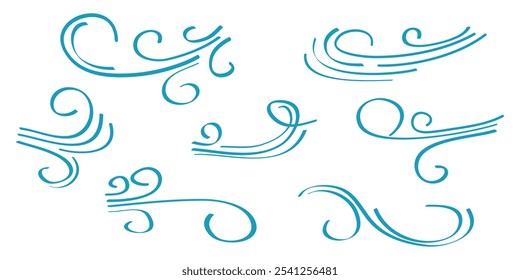 Doodle sopro de vento, design de rajada isolado no fundo branco. ilustração desenhada à mão vetor