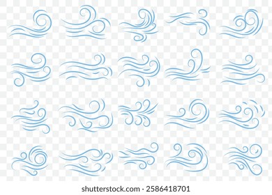 Doodle wind blow, gust design isolated on Transparent background. vector hand drawn illustration. Doodle wind line sketch set.  EPS 10.