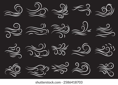 Doodle wind blow, gust design isolated on Transparent background. vector hand drawn illustration. Doodle wind line sketch set.  EPS 10.