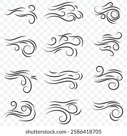 Doodle wind blow, gust design isolated on Transparent background. vector hand drawn illustration. Doodle wind line sketch set.  EPS 10.