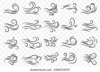 Doodle wind blow, gust design isolated on Transparent background. vector hand drawn illustration. Doodle wind line sketch set.  EPS 10.