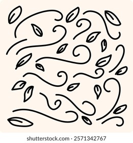 Doodle wind carrying fallen leaves with background cream