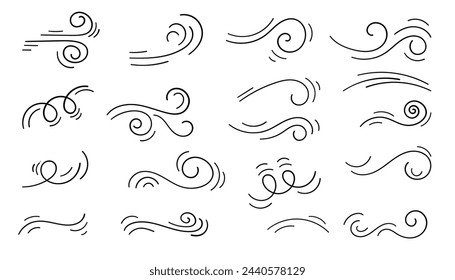 Doodle Wind Hand drawn style collection. Set of Wind Blow, Gust Design. Vector Illustration isolated on white background