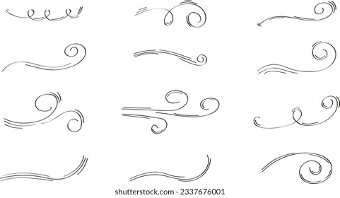 Doodle wind icon set. Swirl elements hand drawn doodle.  Wind blows, windy motion, air condition blow, air masses flow in line sketch style