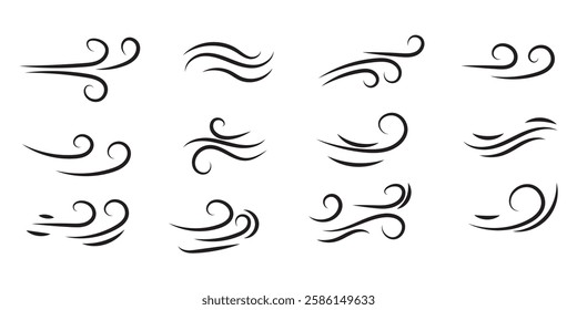 Doodle Wind line icons nature, wave flowing illustration with hand drawn doodle cartoon style on white and isolated background. Variety Design. EPS10
