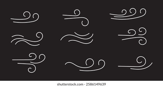 Doodle Wind line icons nature, wave flowing illustration with hand drawn doodle cartoon style on white and isolated background. Variety Design. EPS10