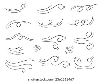 Doodle wind line set. Hand drawn doodle wind motion, air blow motion, swirl elements