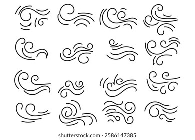 Doodle wind line sketch blow, gust design isolated on white background. vector hand drawn illustration. Variety Design.