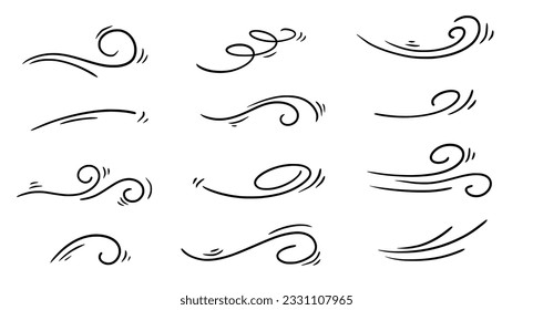 Doodle wind line sketch set. Hand drawn doodle wind motion, air blow, swirl elements. Sketch drawn air blow motion, smoke flow art, abstract line. Isolated vector illustration.