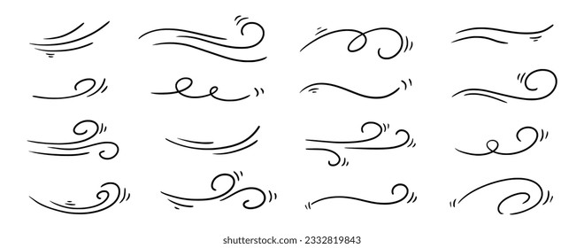 Doodle wind line sketch set. Hand drawn doodle wind motion, air blow, swirl elements. Sketch drawn air blow motion, smoke flow art, abstract line. Isolated vector illustration.