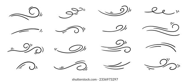 Doodle wind line sketch set. Hand drawn doodle wind motion, air blow, swirl elements. Sketch drawn air blow motion, smoke flow art, abstract line. Isolated vector illustration.
