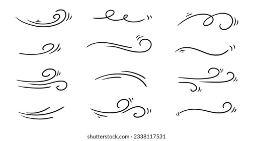 Doodle wind line sketch set. Hand drawn doodle wind motion, air blow, swirl elements. Sketch drawn air blow motion, smoke flow art, abstract line. Isolated vector illustration.