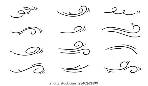 Doodle wind line sketch set. Hand drawn doodle wind motion, air blow, swirl elements. Sketch drawn air blow motion, smoke flow art, abstract line. Isolated vector illustration.