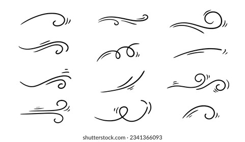 Doodle wind line sketch set. Hand drawn doodle wind motion, air blow, swirl elements. Sketch drawn air blow motion, smoke flow art, abstract line. Isolated vector illustration.
