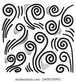 Doodle Windlinienskizze-Set. Handgezeichnete doodle Windbewegung, Luftblasen, wirbelnde Elemente. Skizze gezeichnet Luftblasen Bewegung, Rauch Flow Kunst, abstrakte Linie.