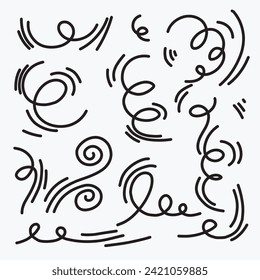 Doodle wind line sketch set. Hand drawn doodle wind movement, air blowing, vortex elements. Sketch of air blowing movement, abstract lines. Isolated vector illustration.