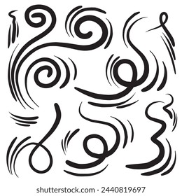 Juego de bocetos de línea de viento Doodle. Dibujado a mano movimiento de viento doodle, soplado de aire, elementos de vórtice. Esbozo del movimiento de soplado de aire, líneas abstractas. Ilustración aislada del vector.