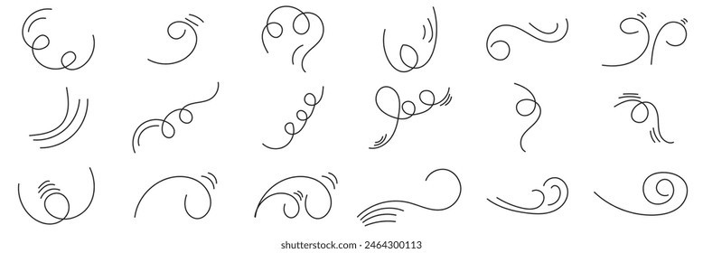 Doodle wind line sketch set. Hand drawn doodle wind motion, air blow, swirl elements. Sketch drawn air blow motion, smoke flow art, abstract line. Isolated on white background . vector illustration. 