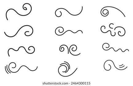 Doodle wind line sketch set. Hand drawn doodle wind motion, air blow, swirl elements. Sketch drawn air blow motion, smoke flow art, abstract line. Isolated on white background . vector illustration. 