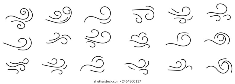 Juego de bocetos de línea de viento Doodle. Dibujado a mano movimiento de viento doodle, aire soplado, Elementos de remolino. Dibujo dibujado movimiento de soplo de aire, arte de flujo de humo, línea abstracta. Aislado sobre fondo blanco. Ilustración vectorial. 