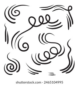 Doodle wind line sketch set. Hand drawn doodle wind movement, air blowing, vortex elements. Sketch of air blowing movement, abstract lines. Isolated vector illustration.