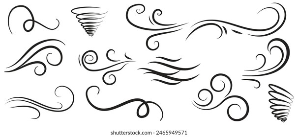 
Juego de bocetos de línea de viento Doodle. Dibujado a mano movimiento de viento doodle, aire soplado, Elementos de remolino. Dibujo dibujado movimiento de soplo de aire, arte de flujo de humo, línea abstracta. Ilustración vectorial. Aislado sobre fondo blanco .