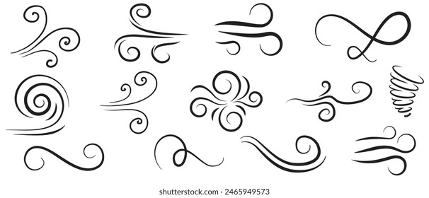 
Doodle wind line sketch set. Hand drawn doodle wind motion, air blow, swirl elements. Sketch drawn air blow motion, smoke flow art, abstract line. Vector illustration. Isolated on white background .