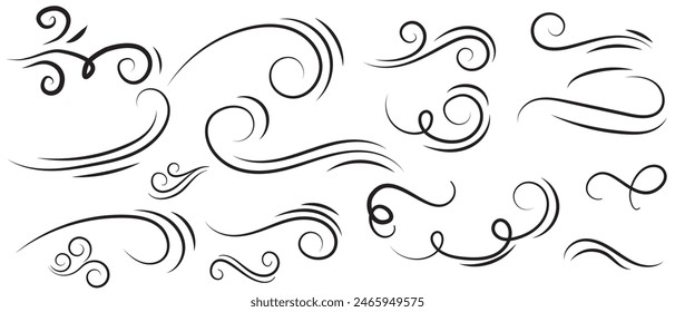 
Doodle wind line sketch set. Hand drawn doodle wind motion, air blow, swirl elements. Sketch drawn air blow motion, smoke flow art, abstract line. Vector illustration. Isolated on white background .