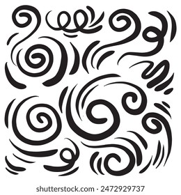 Doodle wind line sketch set. Hand drawn doodle wind movement, air blowing, vortex elements. Sketch of air blowing movement, abstract lines. Isolated vector illustration.