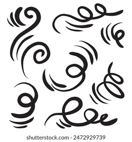 Doodle wind line sketch set. Hand drawn doodle wind movement, air blowing, vortex elements. Sketch of air blowing movement, abstract lines. Isolated vector illustration.