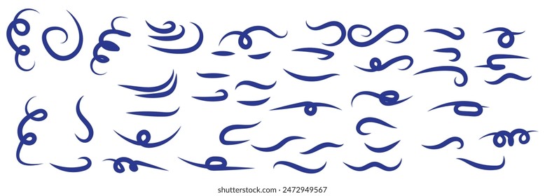 Juego de bocetos de línea de viento Doodle. Dibujado a mano movimiento de viento doodle, aire soplado, Elementos de remolino. Dibujo dibujado movimiento de soplo de aire, arte de flujo de humo, línea abstracta. Aislado sobre fondo blanco. Ilustración vectorial.
