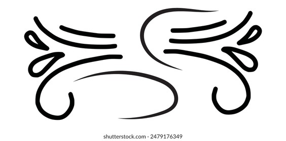 Doodle wind line sketch set. Hand drawn doodle wind motion, air blow, swirl elements. Sketch drawn air blow motion, smoke flow art, abstract line. Isolated on white background . vector illustration