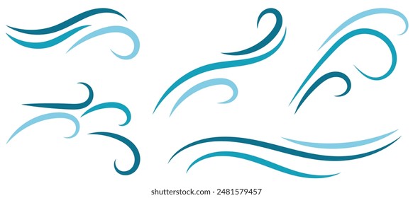 Doodle wind line sketch set. Hand drawn doodle wind motion, air blow, swirl elements. Sketch drawn air blow motion, smoke flow art, abstract line. Isolated vector illustration.