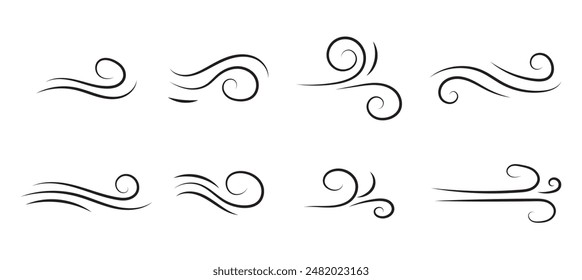 Doodle wind line sketch set. Hand drawn doodle wind motion, air blow, swirl elements. Sketch drawn air blow motion, smoke flow art, abstract line. Isolated vector illustration