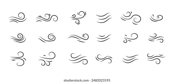 Doodle wind line sketch set. Hand drawn doodle wind motion, air blow, swirl elements. Sketch drawn air blow motion, smoke flow art, abstract line. Isolated vector illustration