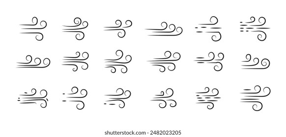 Doodle wind line sketch set. Hand drawn doodle wind motion, air blow, swirl elements. Sketch drawn air blow motion, smoke flow art, abstract line. Isolated vector illustration