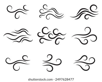 Doodle wind line sketch set. Hand drawn doodle wind motion, air blow, swirl elements. Sketch drawn air blow motion, smoke flow art, abstract line. Isolated vector illustration.