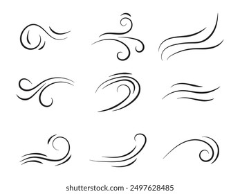 Doodle wind line sketch set. Hand drawn doodle wind motion, air blow, swirl elements. Sketch drawn air blow motion, smoke flow art, abstract line. Isolated vector illustration.