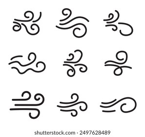 Doodle wind line sketch set. Hand drawn doodle wind motion, air blow, swirl elements. Sketch drawn air blow motion, smoke flow art, abstract line. Isolated vector illustration.