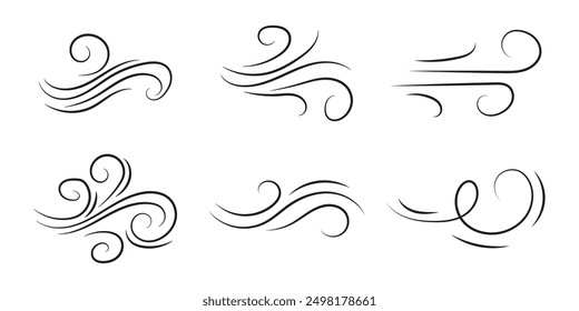 Doodle wind line sketch set. Hand drawn doodle wind motion, air blow, swirl elements. Sketch drawn air blow motion, smoke flow art, abstract line. Isolated vector illustration.