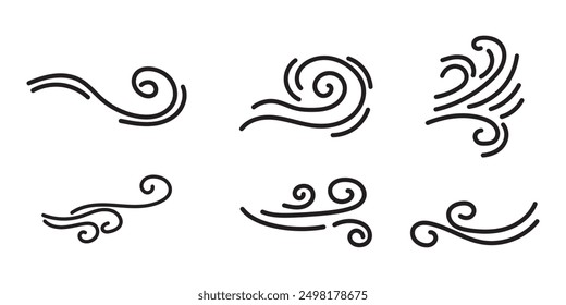 Doodle wind line sketch set. Hand drawn doodle wind motion, air blow, swirl elements. Sketch drawn air blow motion, smoke flow art, abstract line. Isolated vector illustration.